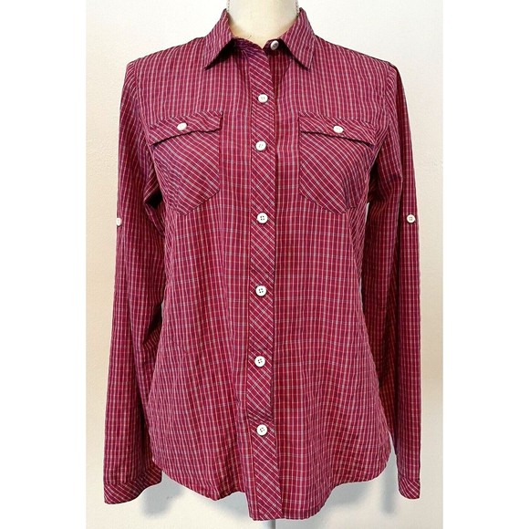 Eddie Bauer Womens Long Sleeve Button Front Top size SP Pink White Pinstriped - Picture 1 of 10